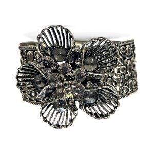 Vintage Diamanté Flower Hinged Bangle Bracelet Burnished Silver Art Deco‎ Bold